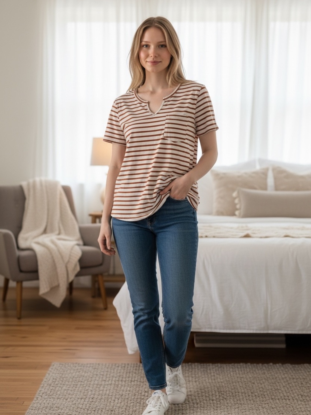 Source Unknownโ Cream and Brown Striped V-Neck Pocket Tee